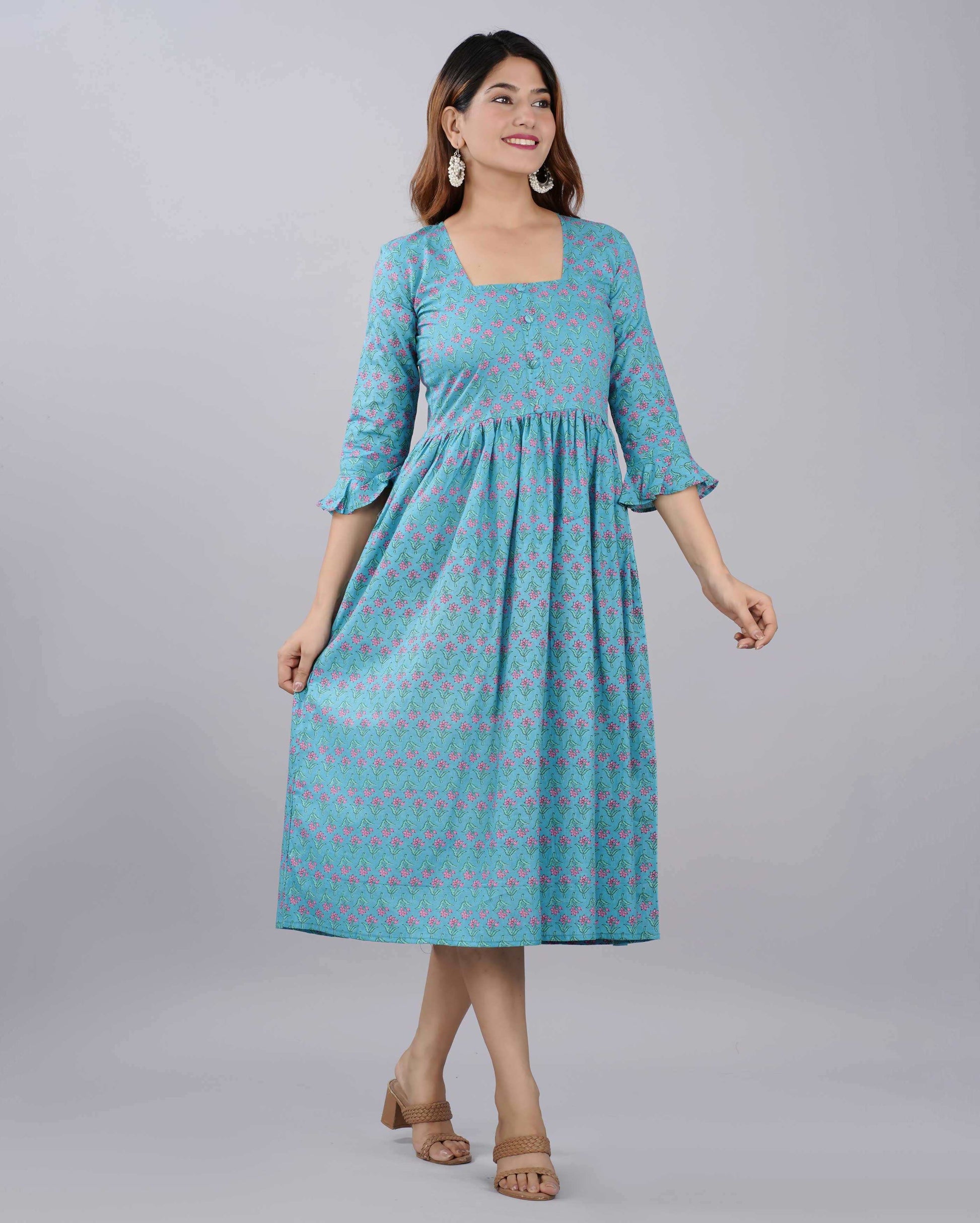 Sky Blue Floral Hand block Printed Cotton Dress