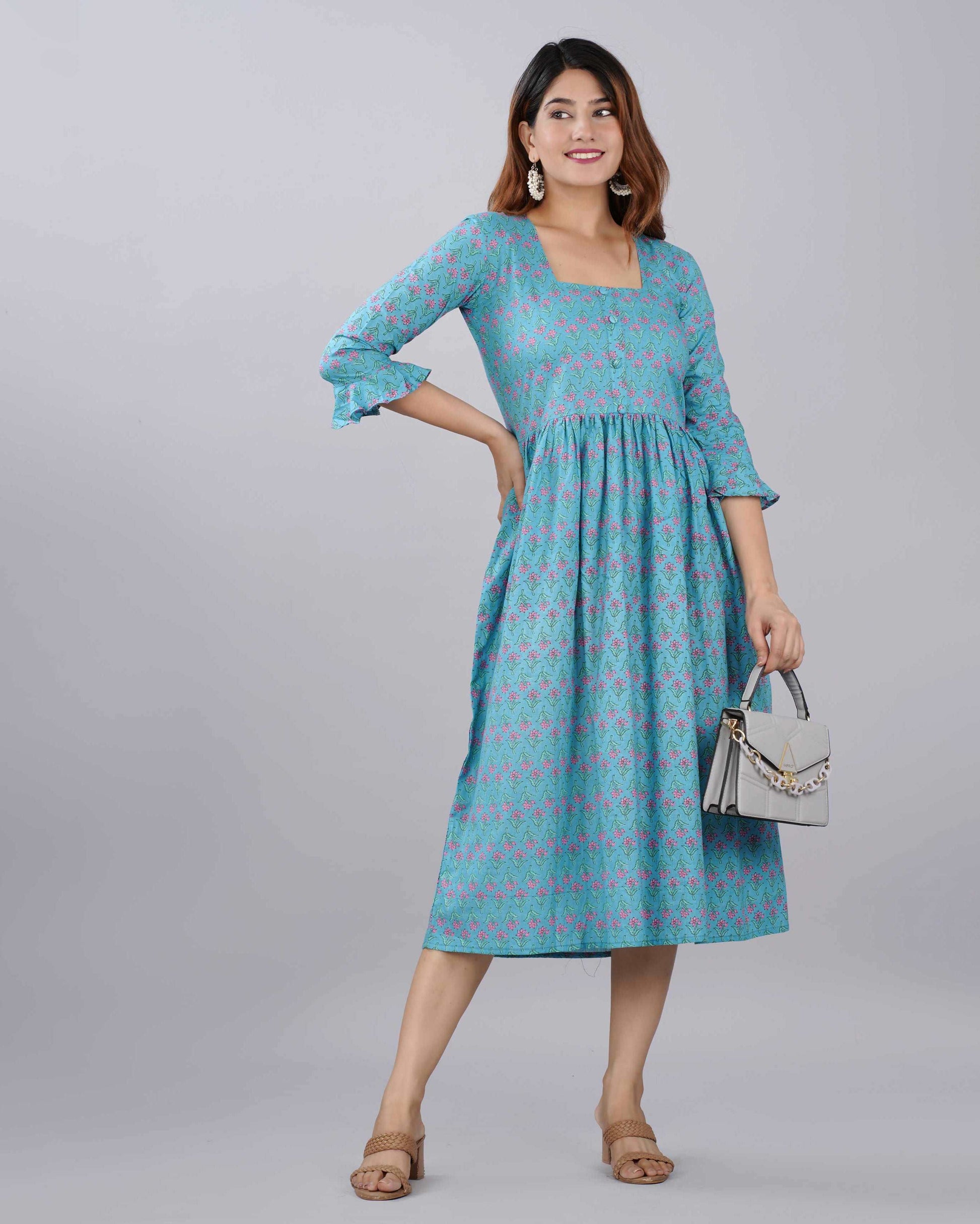 Sky Blue Floral Hand block Printed Cotton Dress