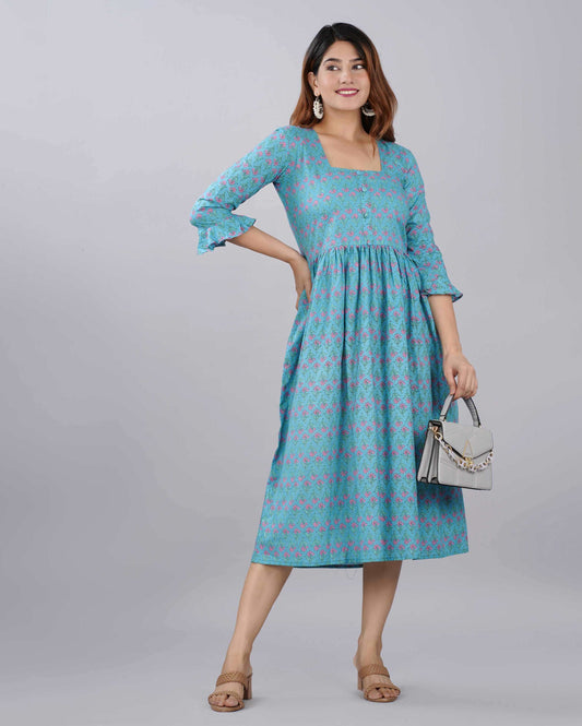 Sky Blue Floral Hand block Printed Cotton Dress