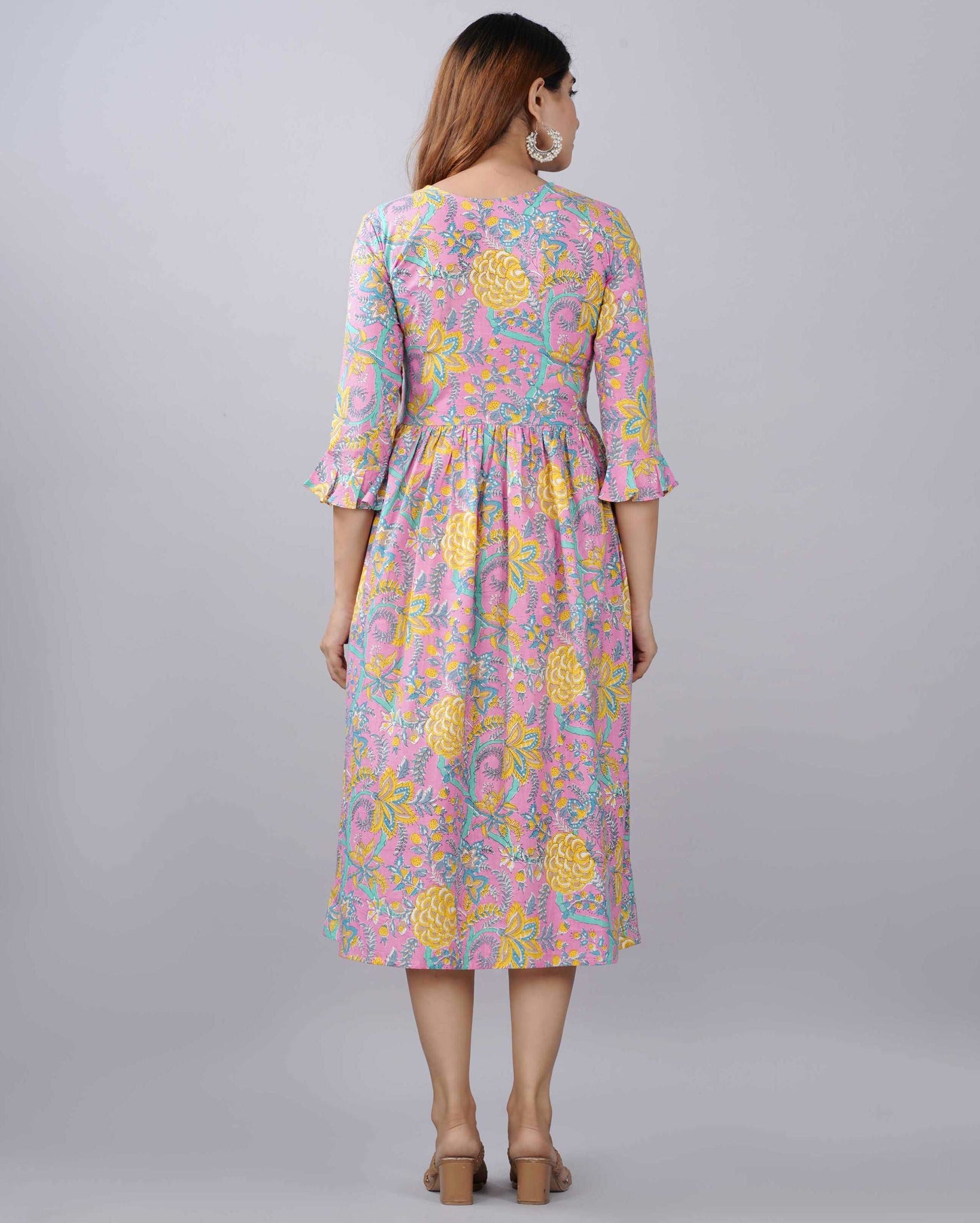 Multi Color Floral Hand block Printed Cotton Dress