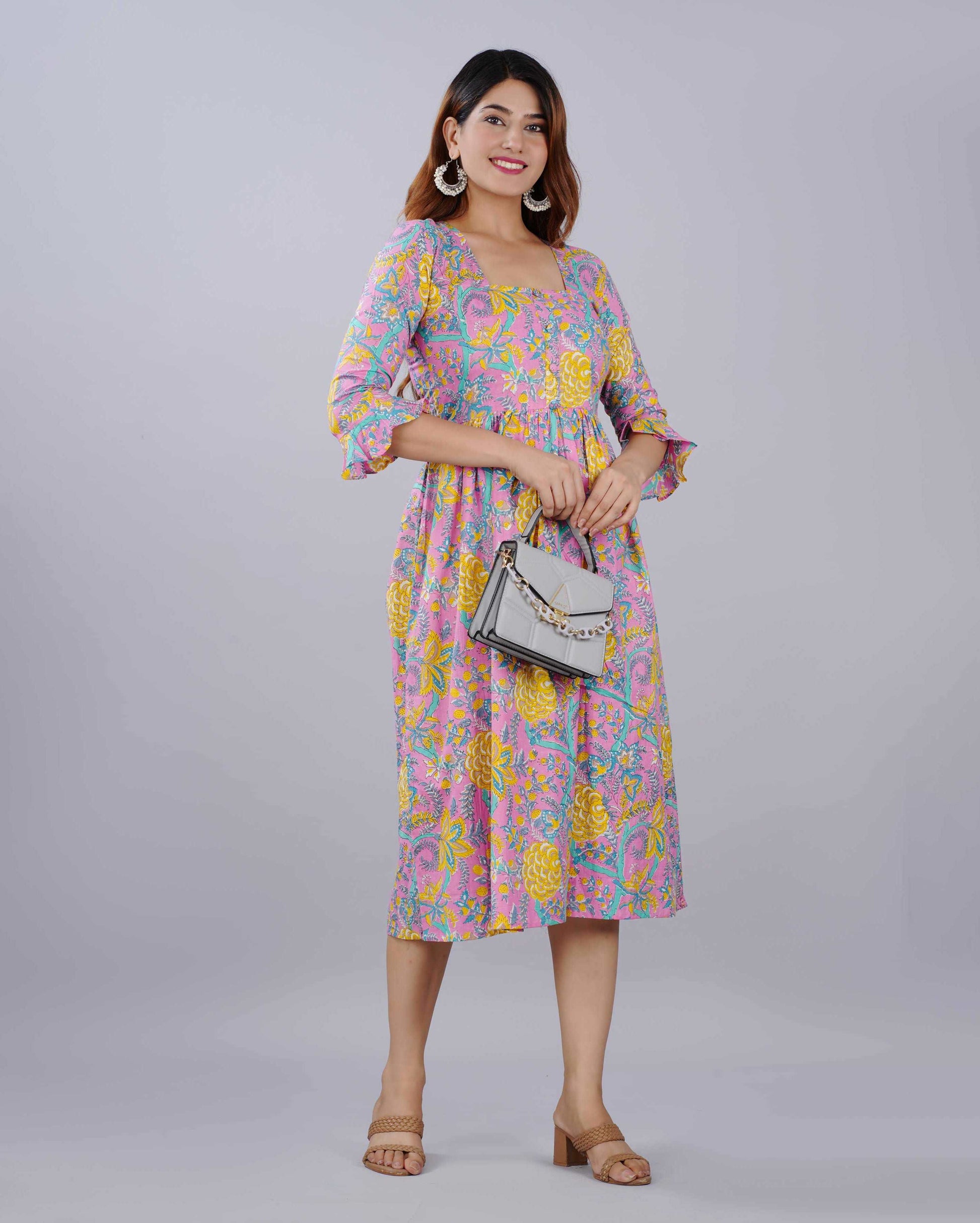 Multi Color Floral Hand block Printed Cotton Dress