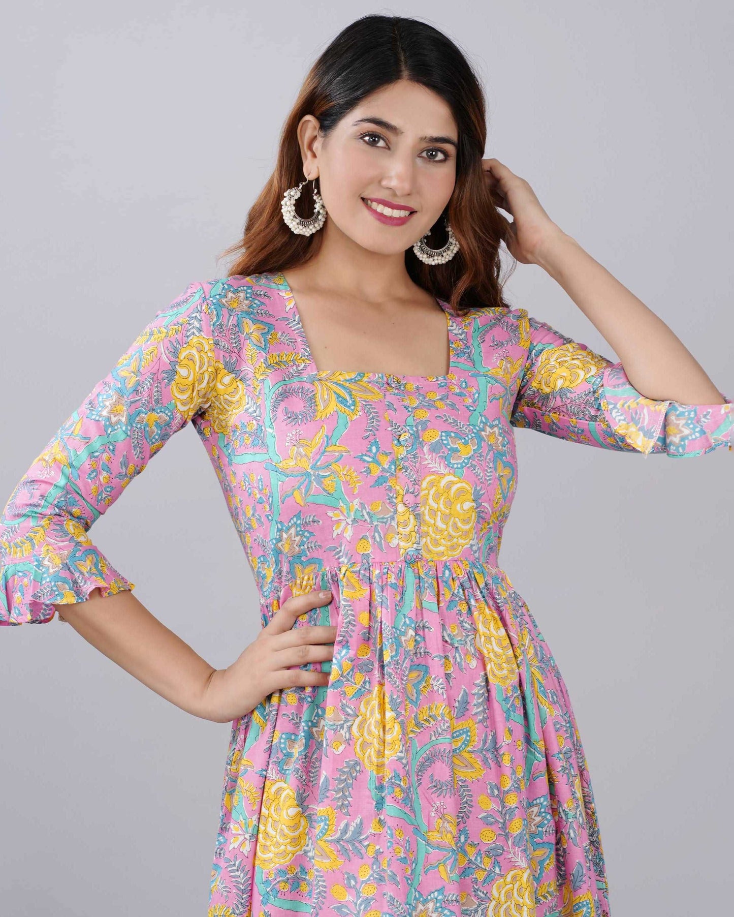 Multi Color Floral Hand block Printed Cotton Dress