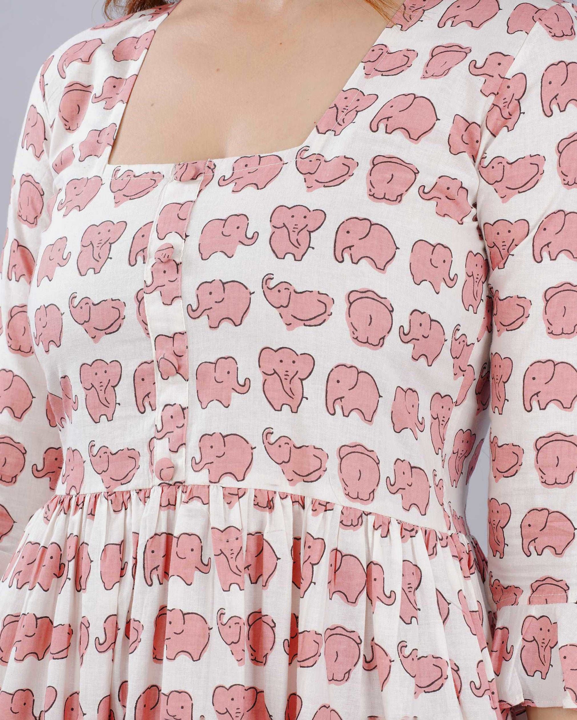 Pink Elephant Hand block Printed Cotton Dress