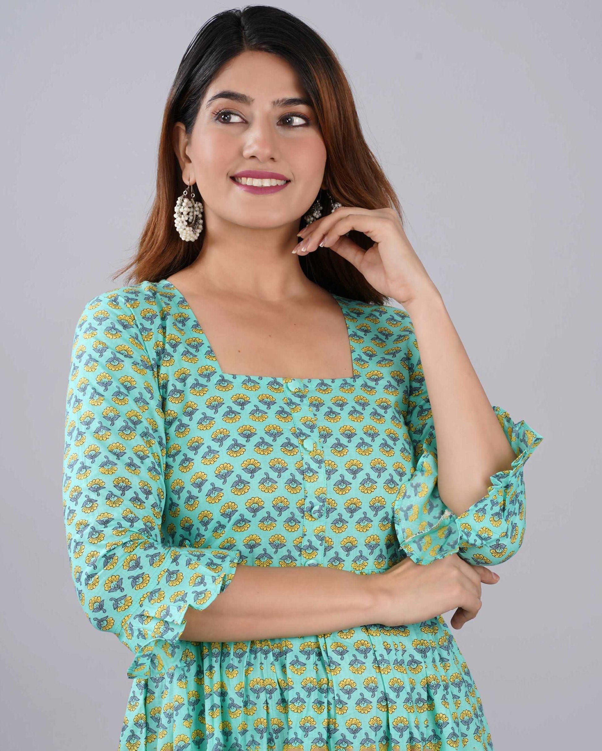 Light Green Floral Hand block Printed Cotton Dress