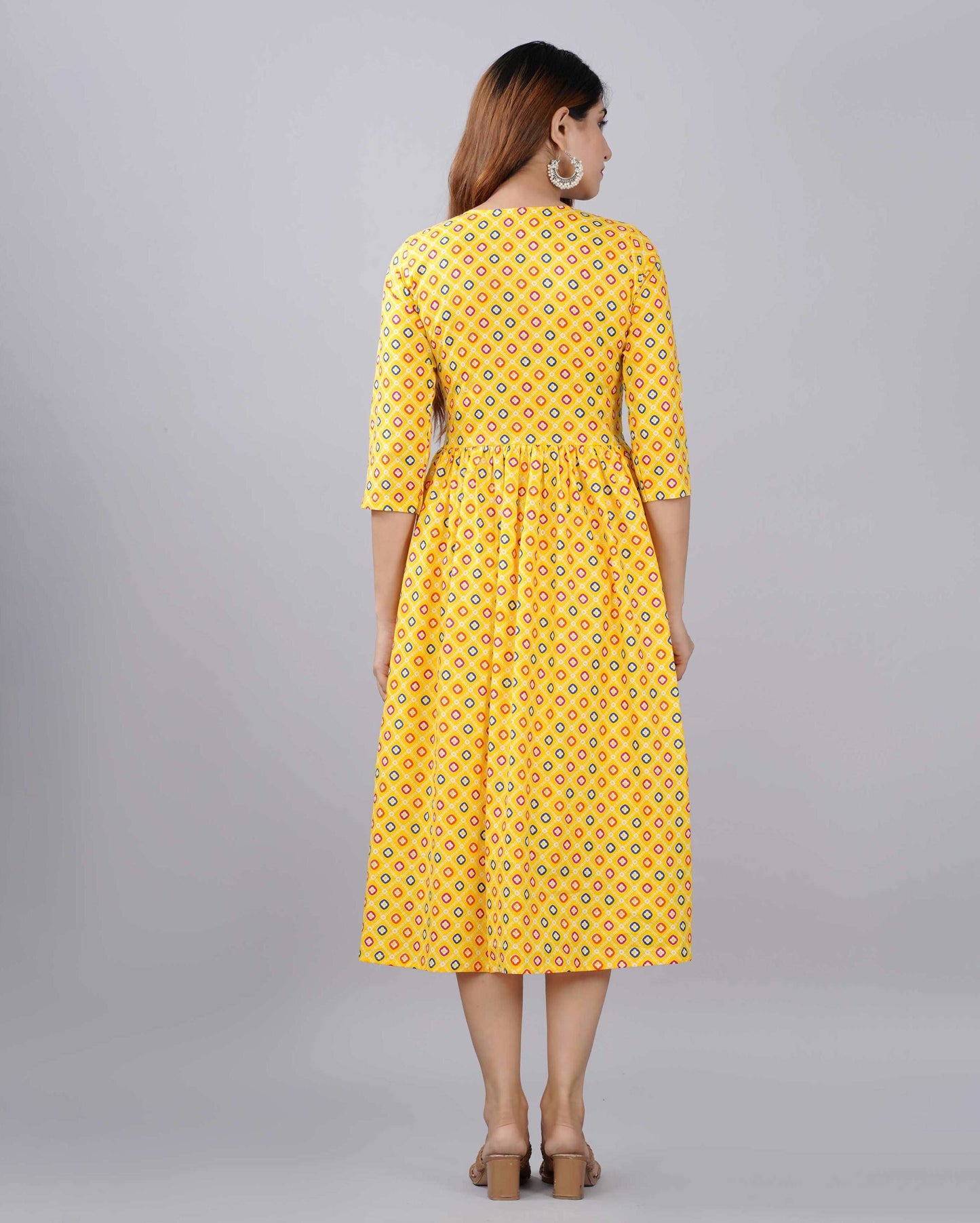 Yellow Doted Hand block Printed Cotton Dress