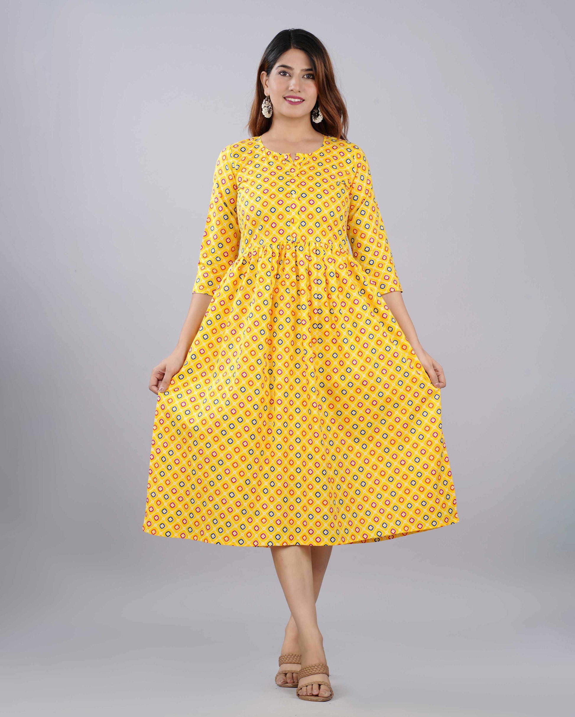 Yellow Doted Hand block Printed Cotton Dress