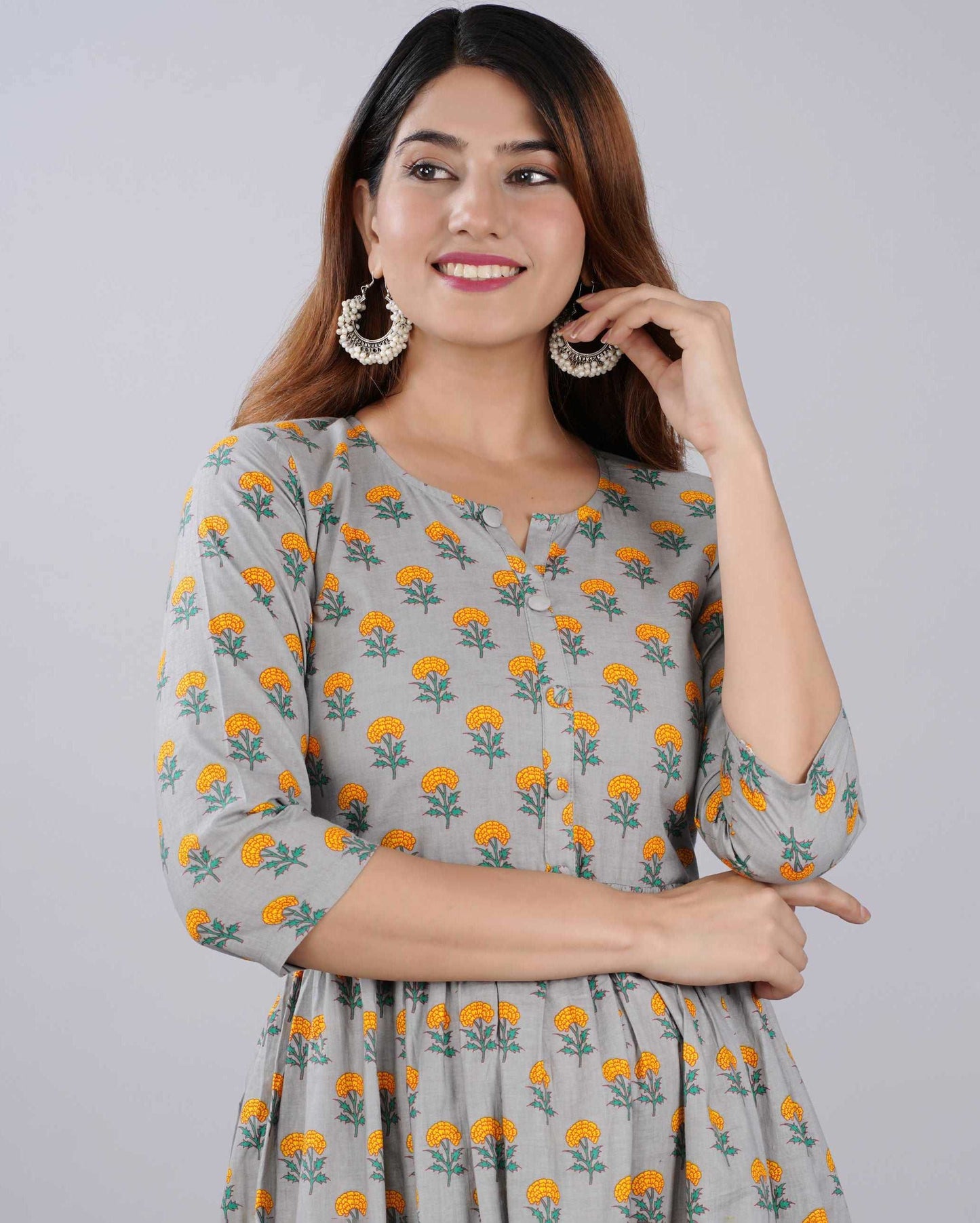 Gray Floral Hand block Printed Cotton Dress