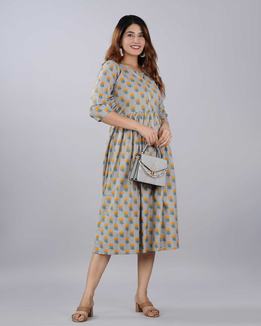 Gray Floral Hand block Printed Cotton Dress