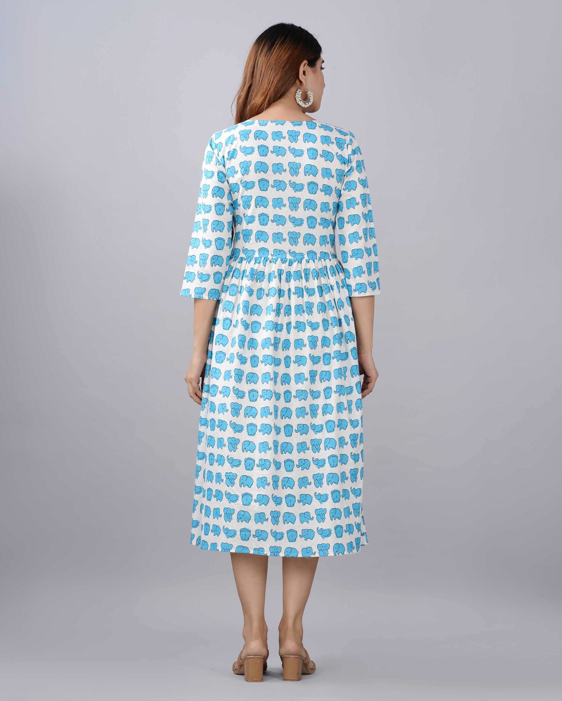 Blue Elephant Hand block Printed Cotton Dress