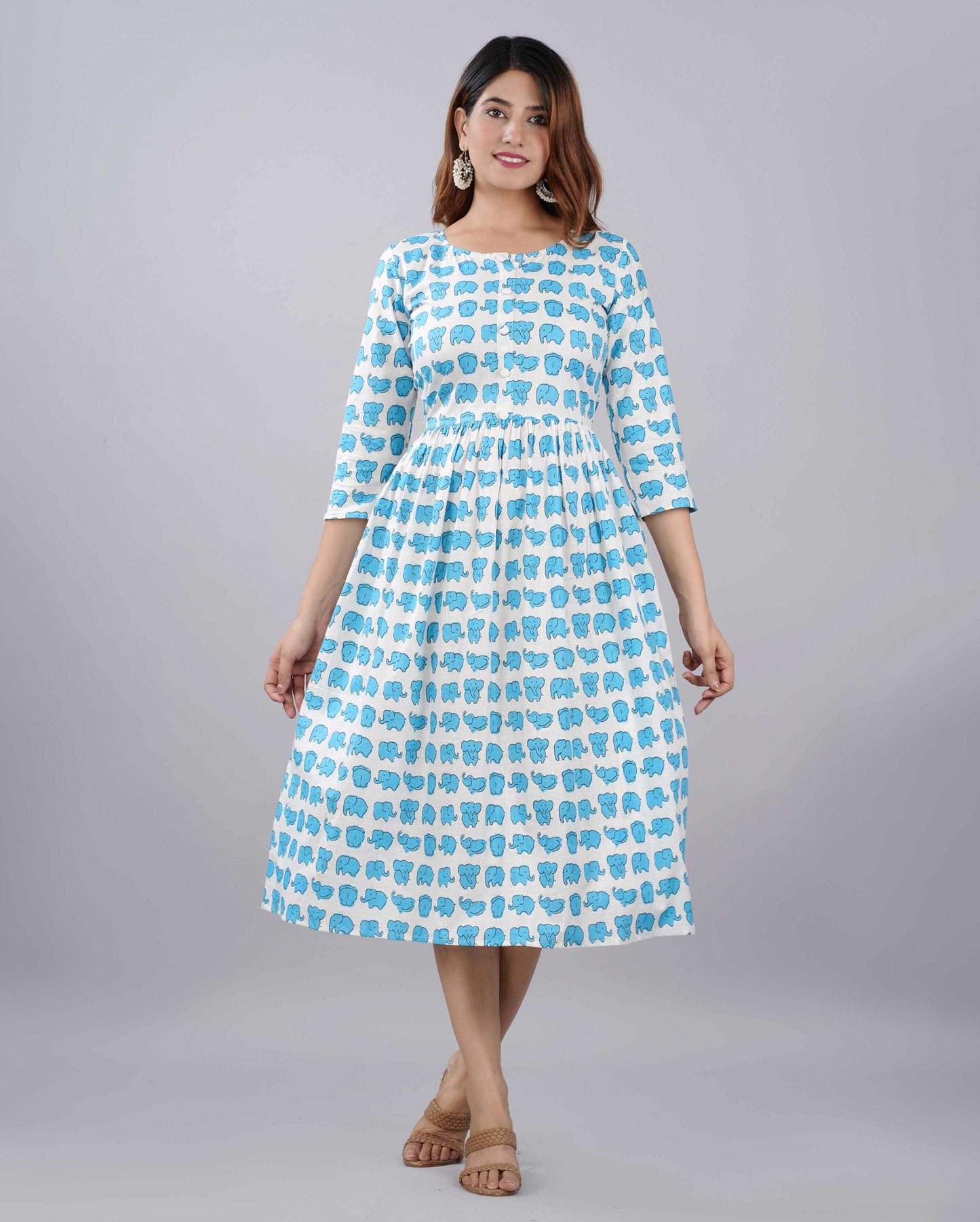 Blue Elephant Hand block Printed Cotton Dress