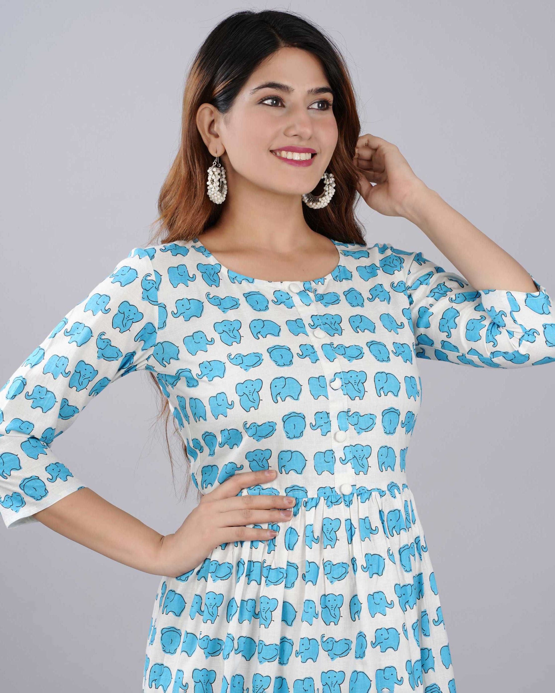 Blue Elephant Hand block Printed Cotton Dress