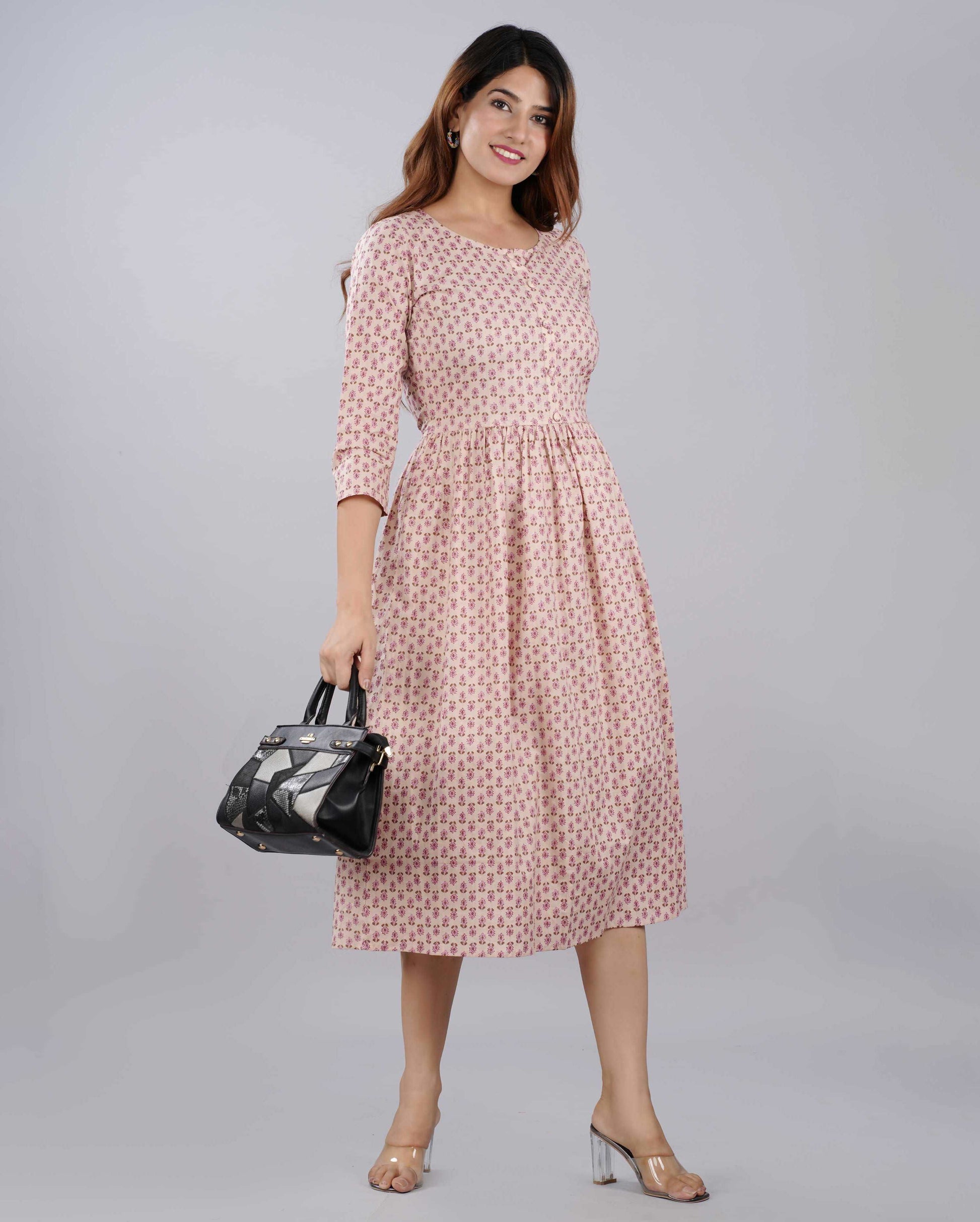 Peach Floral Hand block Printed Cotton Dress