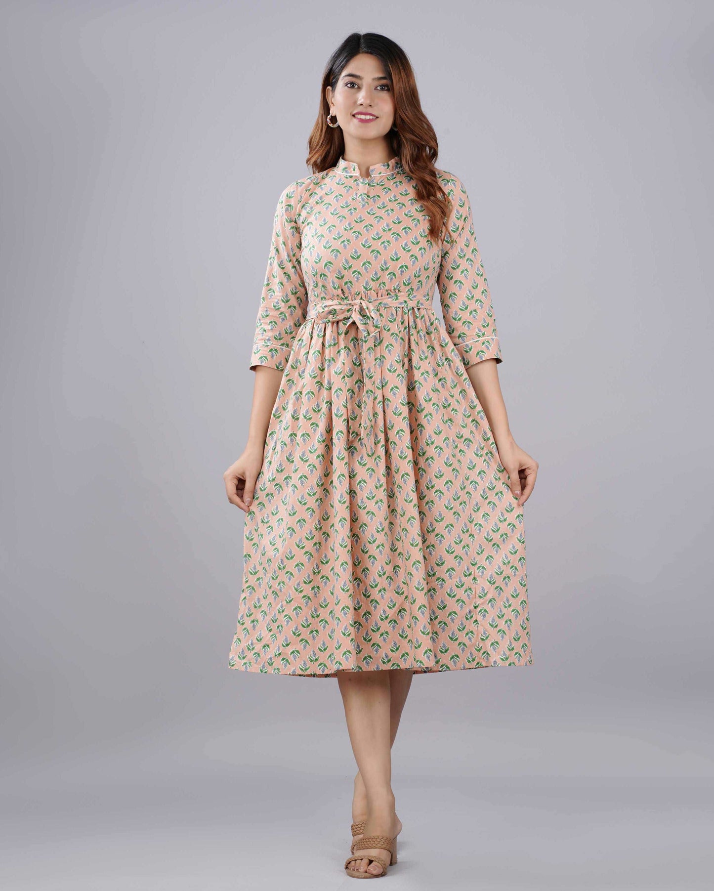 Peach Hand block Printed Cotton Dress