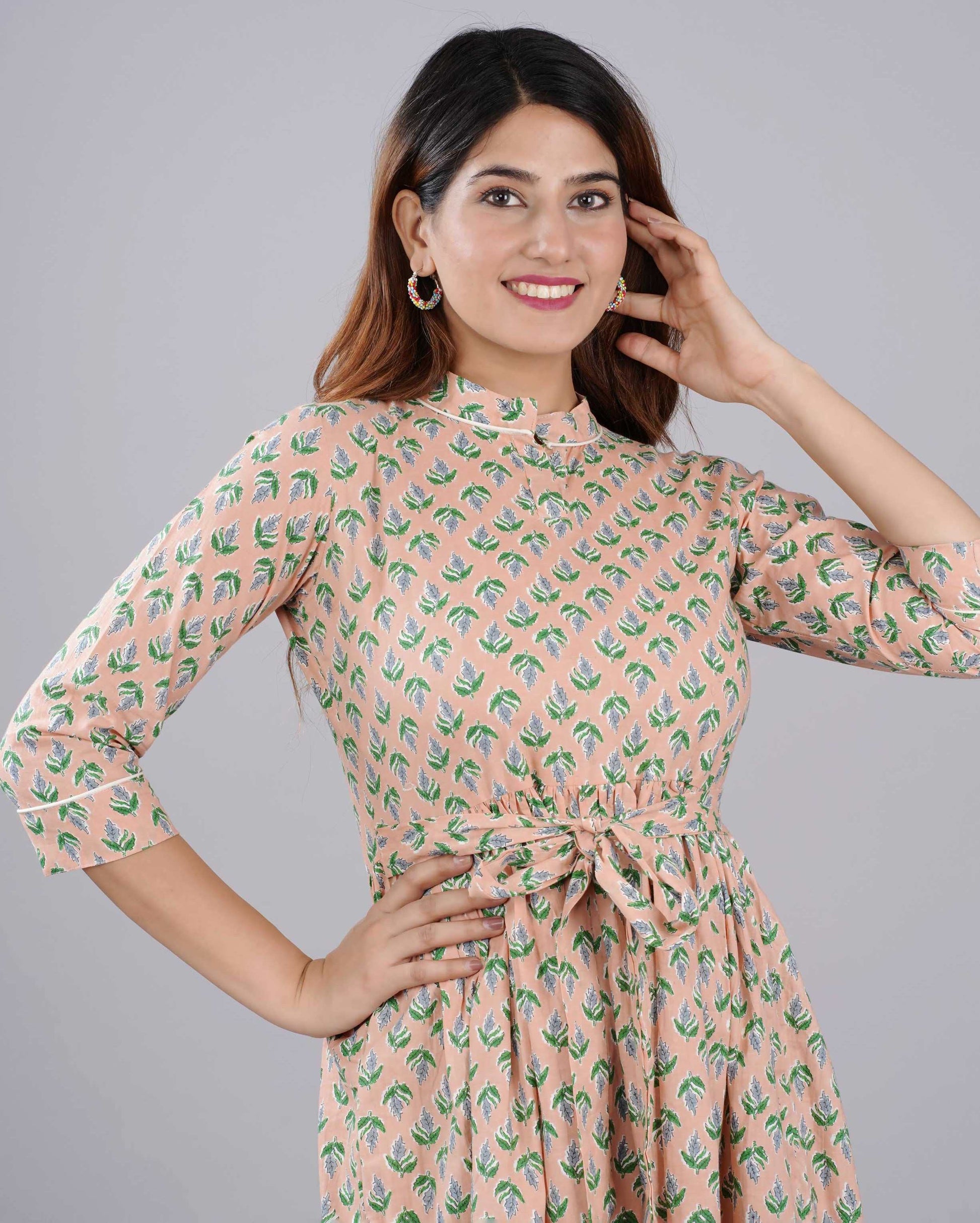 Peach Hand block Printed Cotton Dress