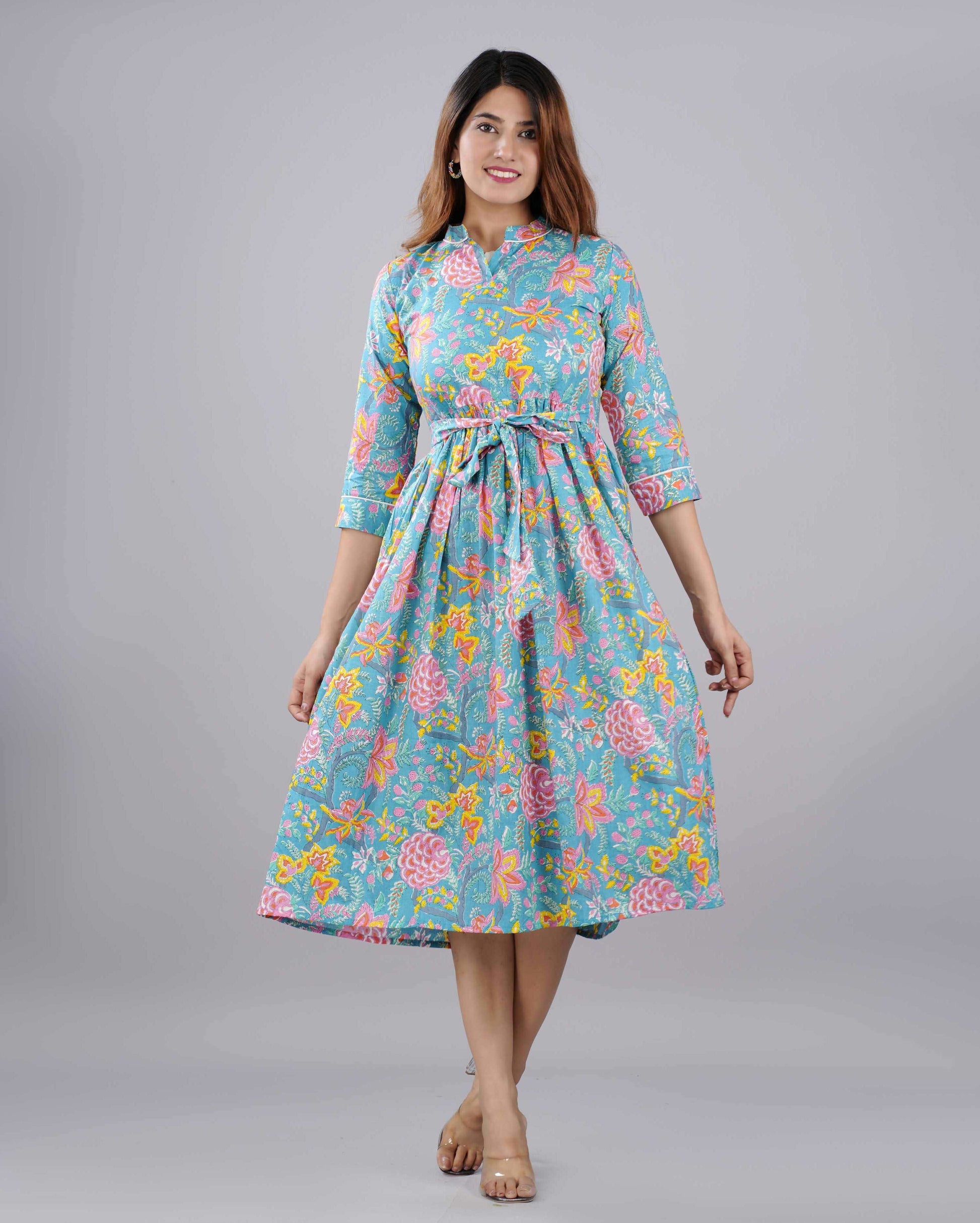Multi Color Floral Hand block Printed Cotton Dress
