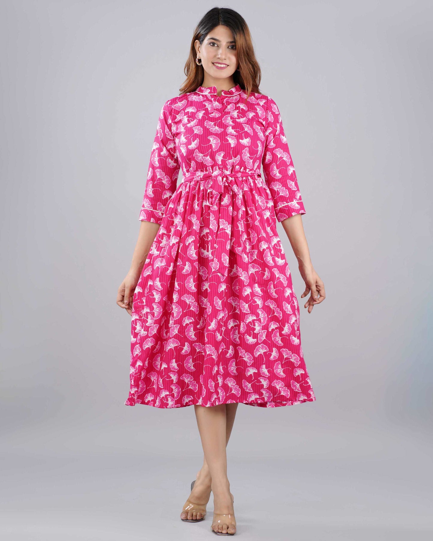 Dark Pink Floral Hand block Printed Cotton Dress