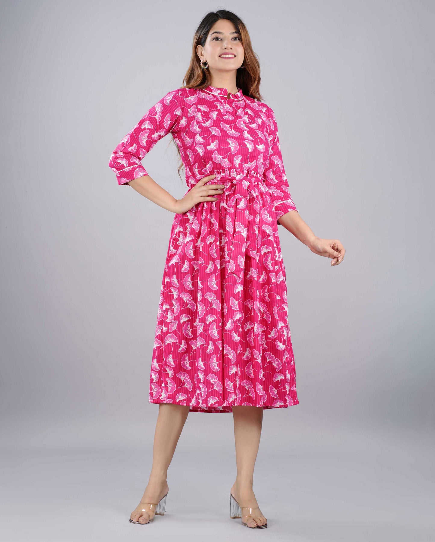Dark Pink Floral Hand block Printed Cotton Dress