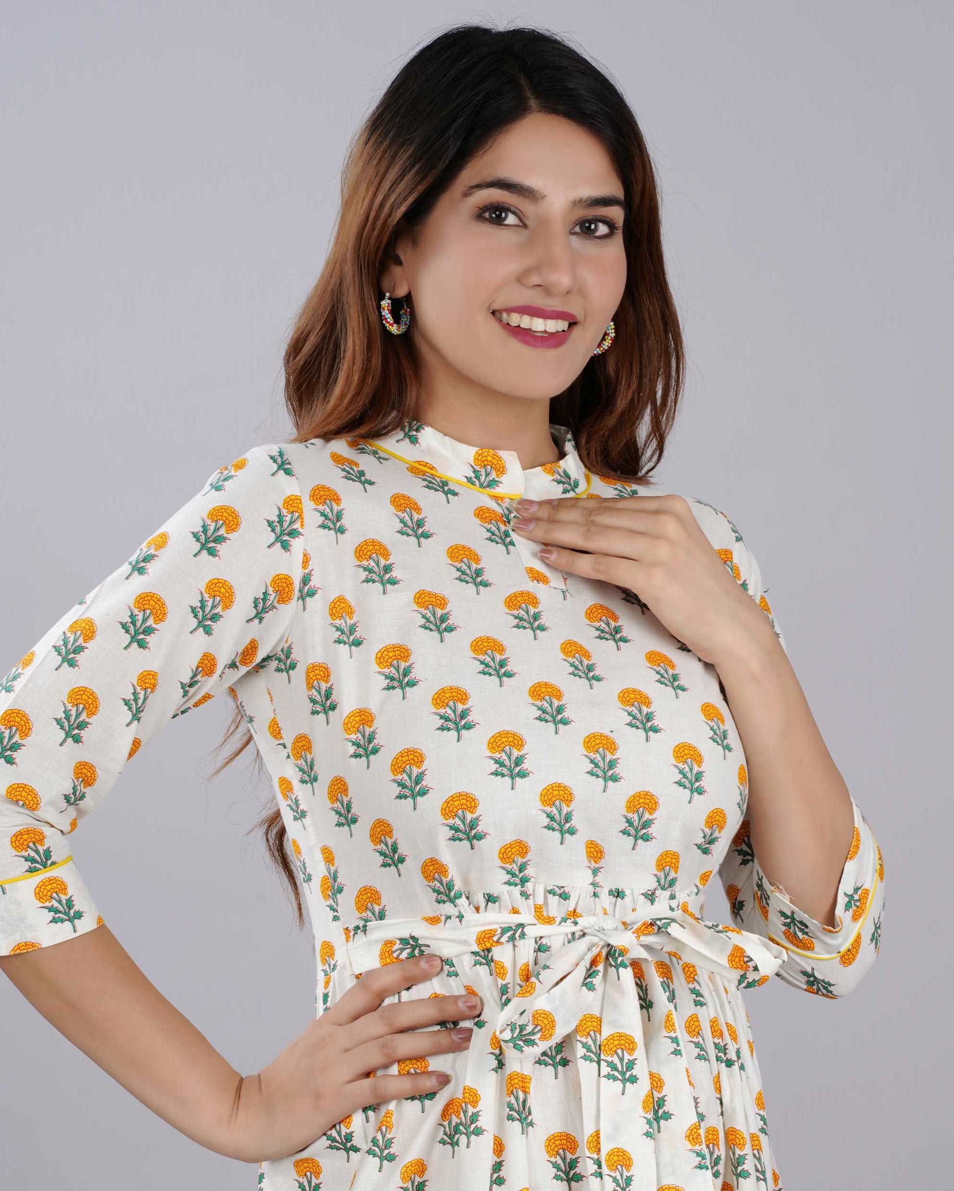 White Floral Hand Block Printed Cotton Dress