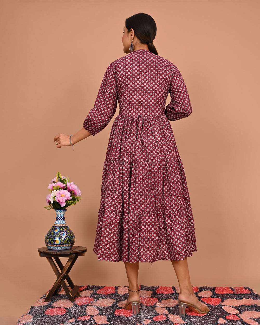 Dark Wine Choti Buti Printed Dress