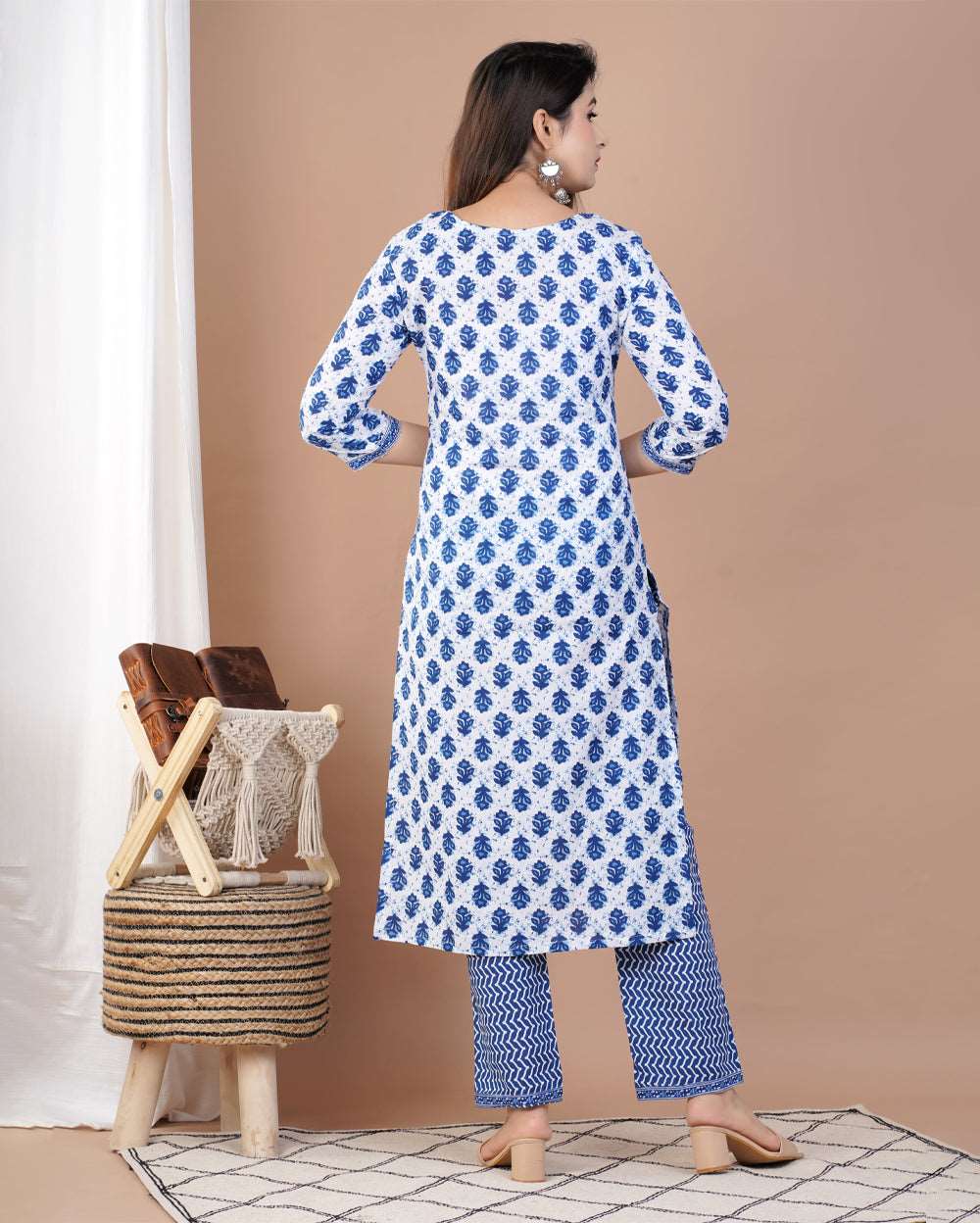 Indigo Blue Buti Printed Cotton Suit Set With Gota Work On Neck and Dupatta