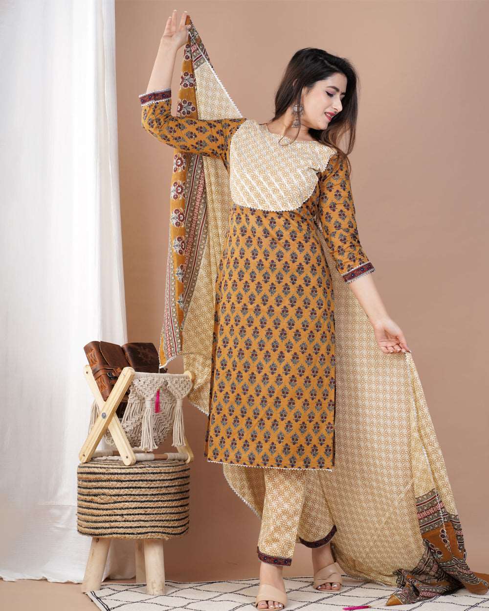 Mustard Buti Printed Cotton Suit Set With Gota Work On Neck and Dupatta