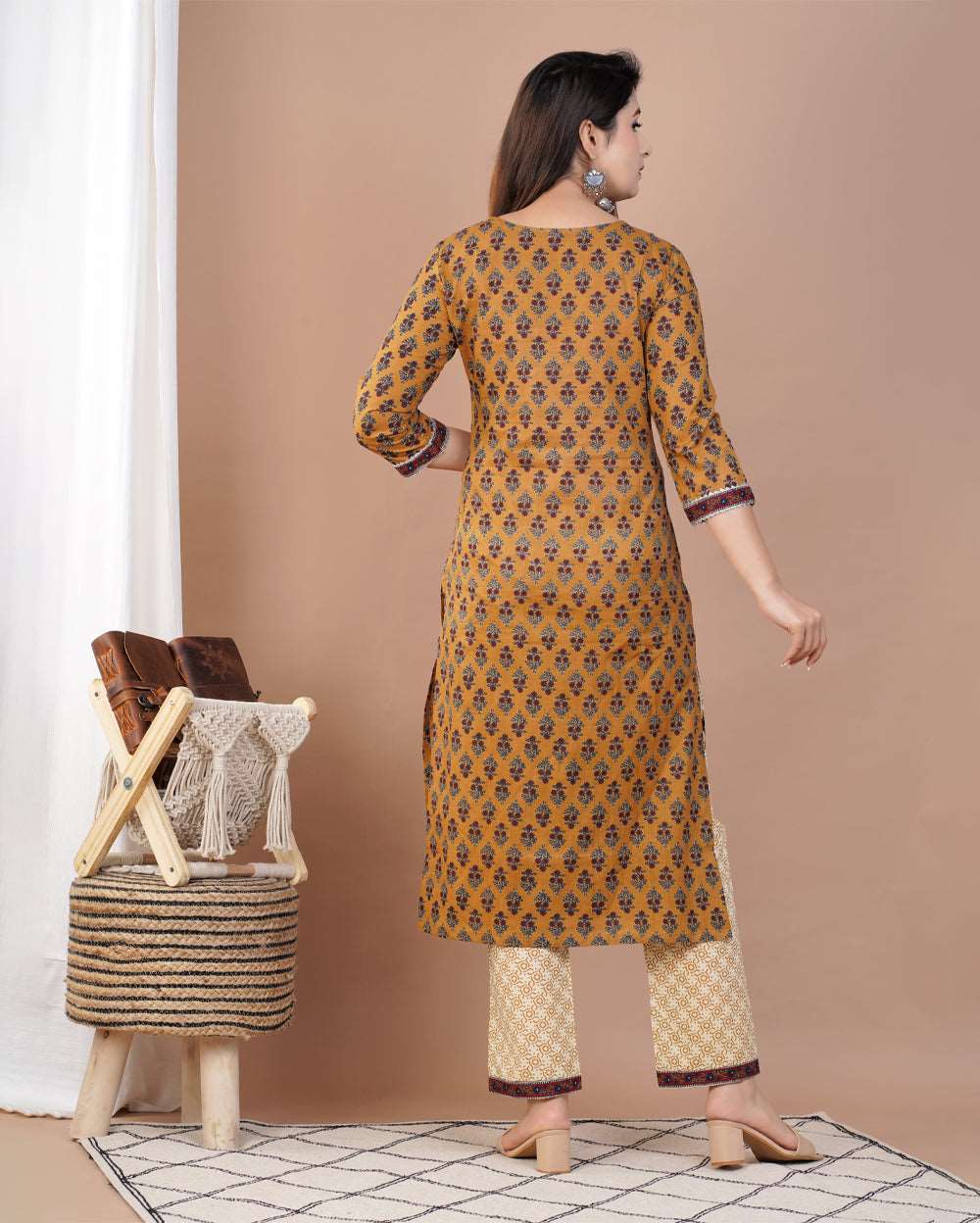 Mustard Buti Printed Cotton Suit Set With Gota Work On Neck and Dupatta