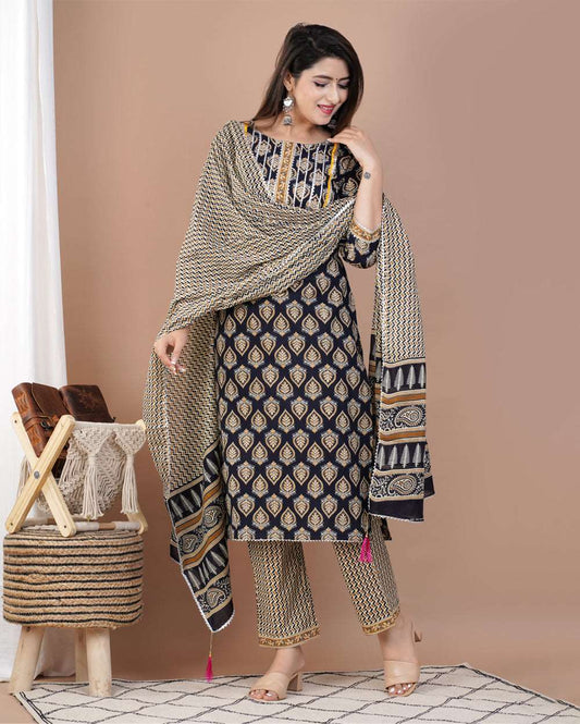 Black & Golden Paan Printed Cotton Suit Set With Gota Work On Neck and Dupatta