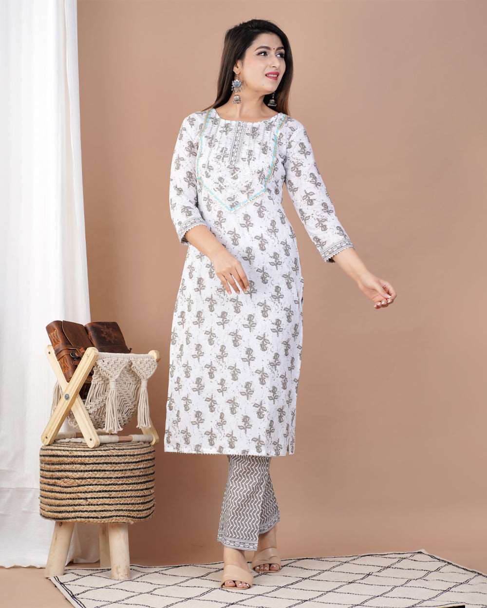 White Gray Dabu Printed Cotton Suit Set With Gota Work On Neck and Dupatta