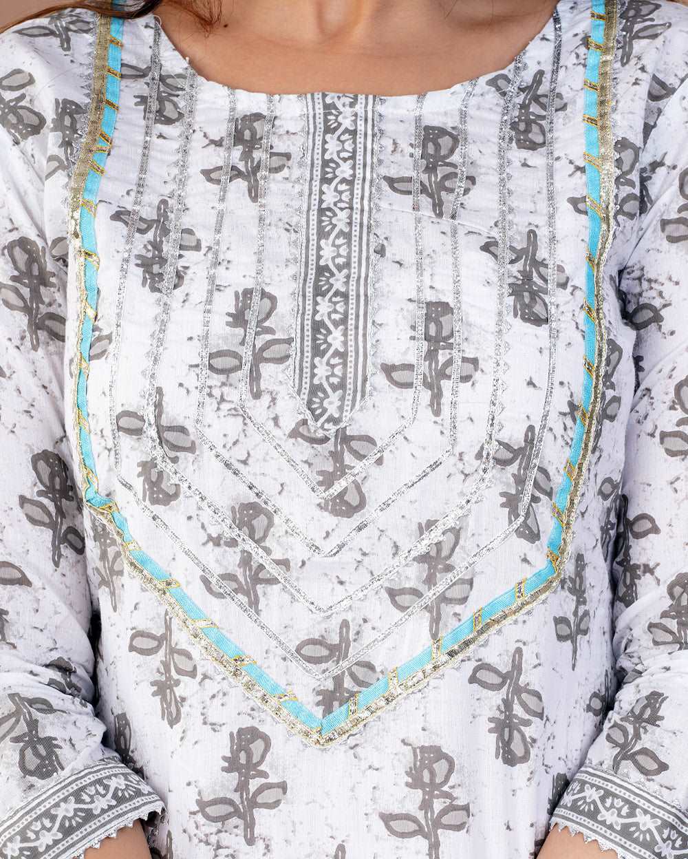 White Gray Dabu Printed Cotton Suit Set With Gota Work On Neck and Dupatta