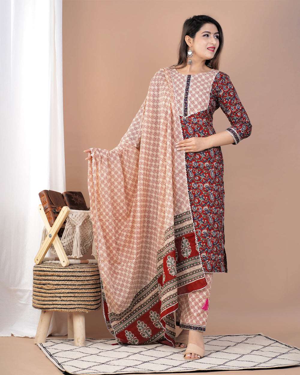 Red Jaal Printed Cotton Suit Set With Gota Work On Neck and Dupatta