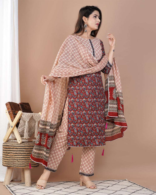 Red Jaal Printed Cotton Suit Set With Gota Work On Neck and Dupatta