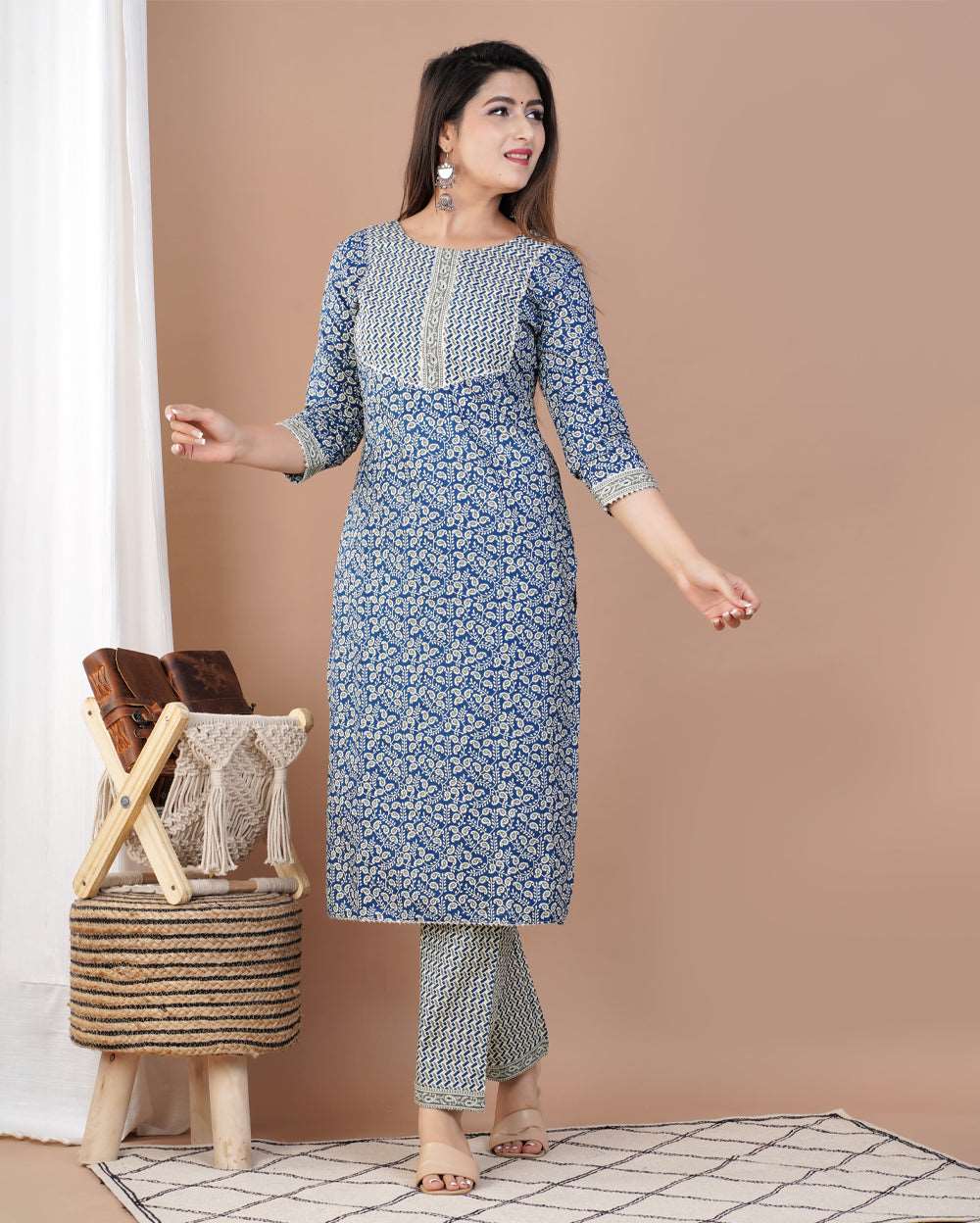 Navy Blue Printed Cotton Suit Set With Gota Work On Neck and Dupatta