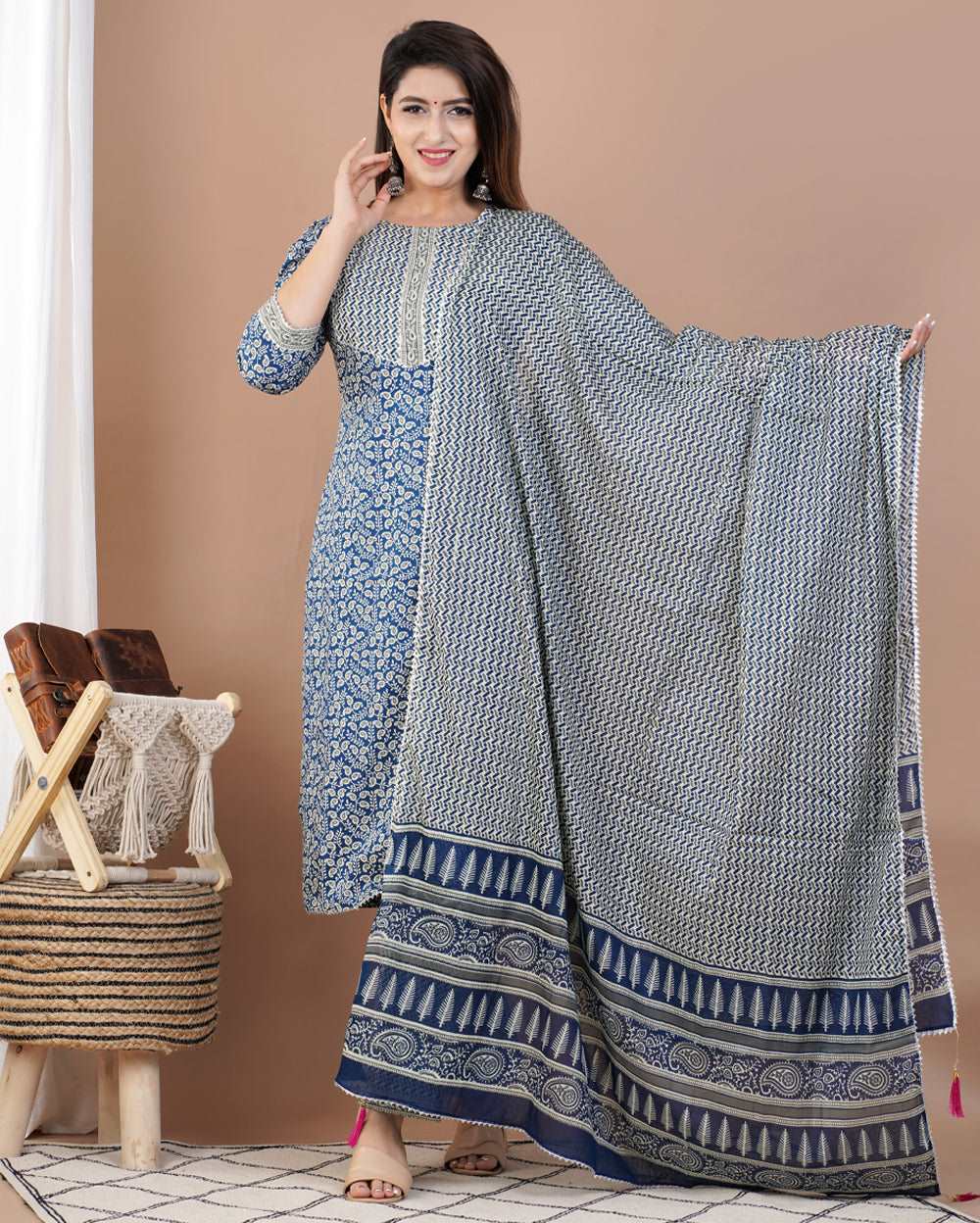 Navy Blue Printed Cotton Suit Set With Gota Work On Neck and Dupatta