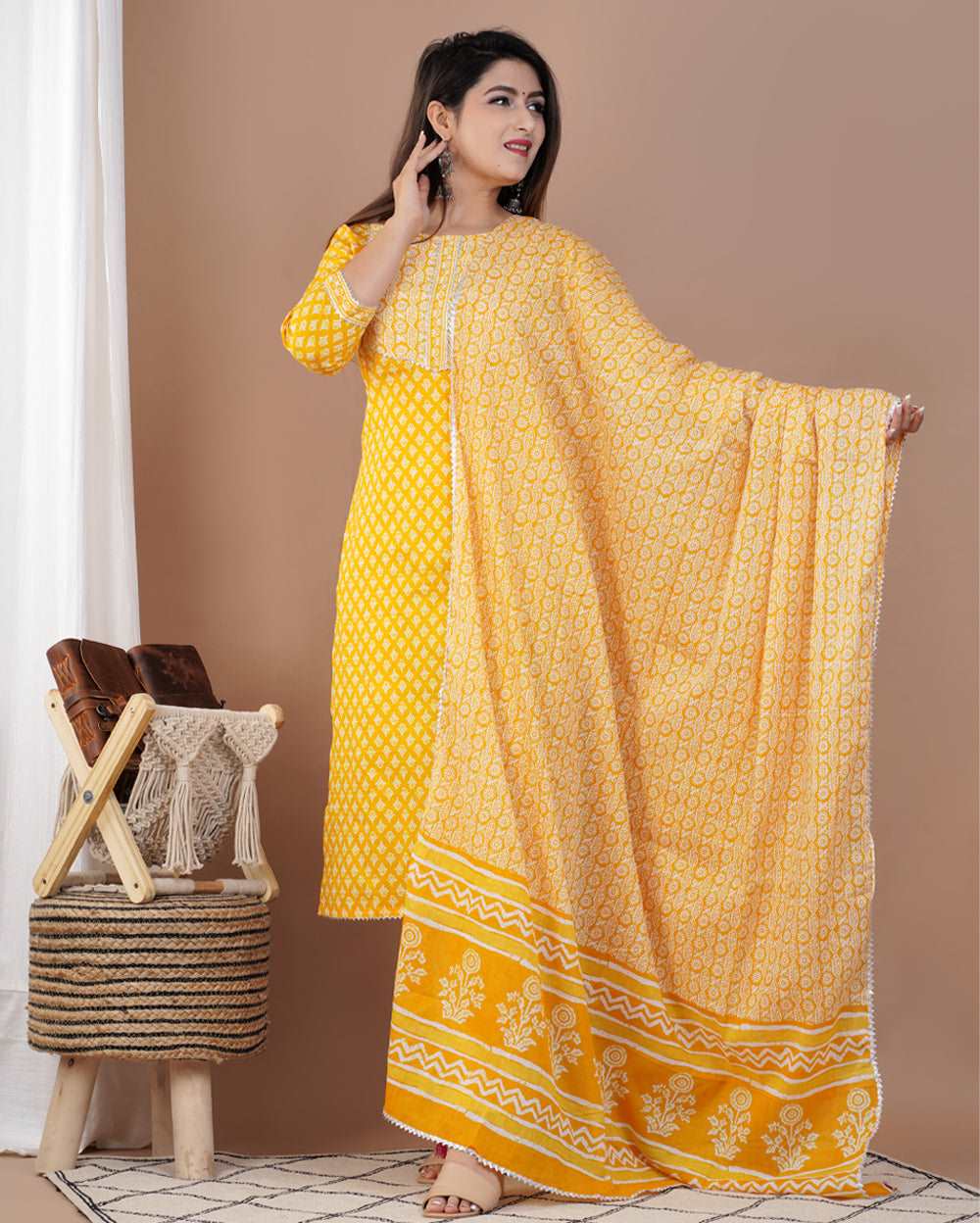 Lemon Yellow Floral Printed Cotton Suit Set With Gota Work On Neck and Dupatta