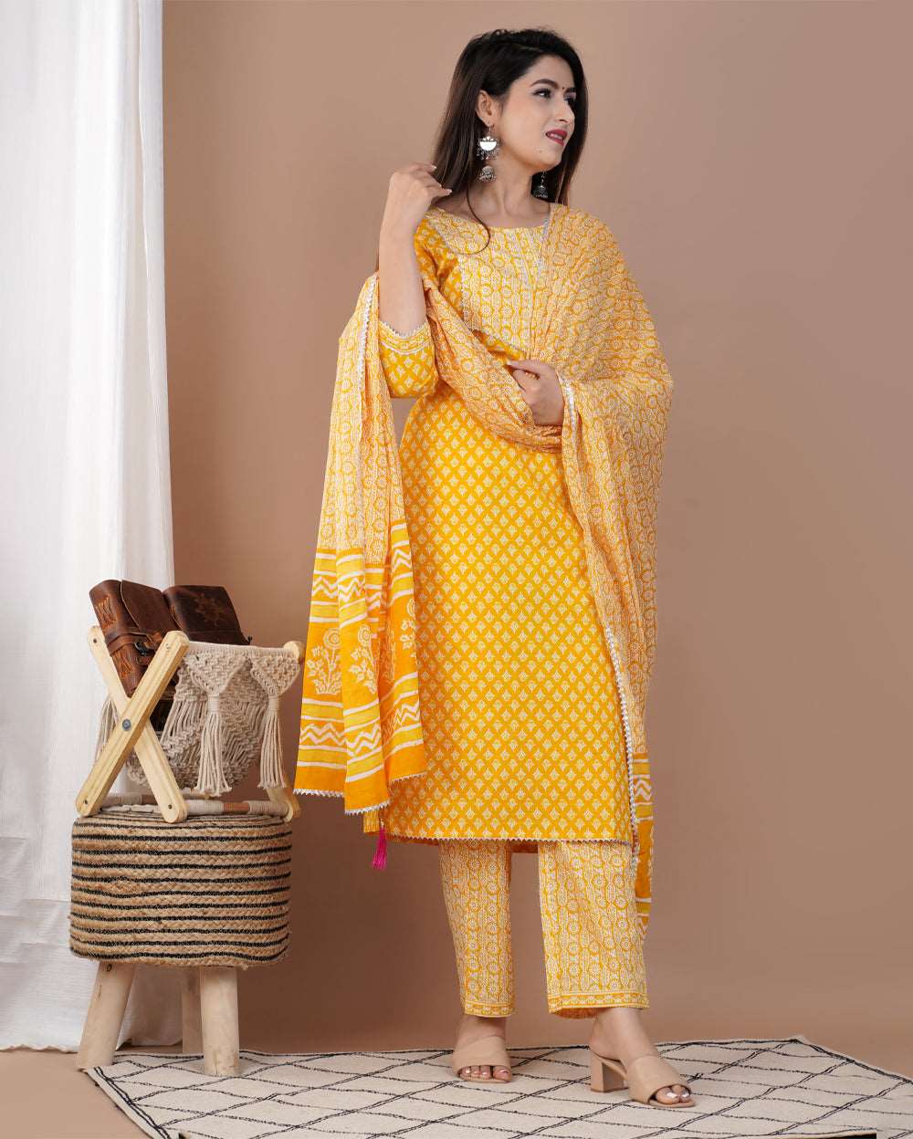 Lemon Yellow Floral Printed Cotton Suit Set With Gota Work On Neck and Dupatta