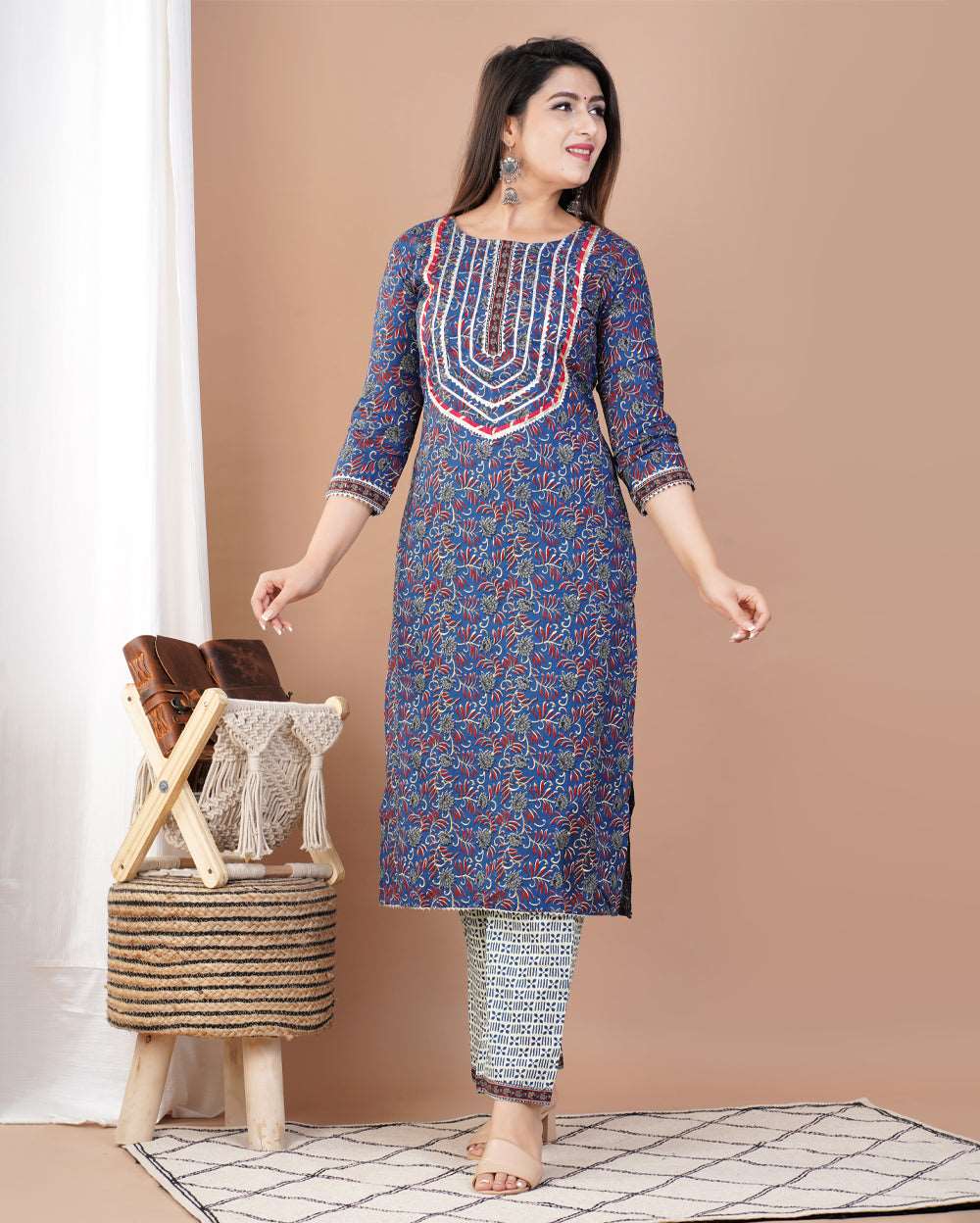 Blue Jaal Printed Cotton Suit Set With Gota Work On Neck and Dupatta