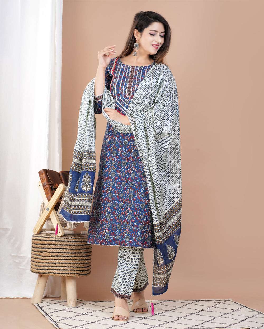 Blue Jaal Printed Cotton Suit Set With Gota Work On Neck and Dupatta