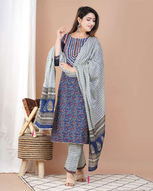 Blue Jaal Printed Cotton Suit Set With Gota Work On Neck and Dupatta
