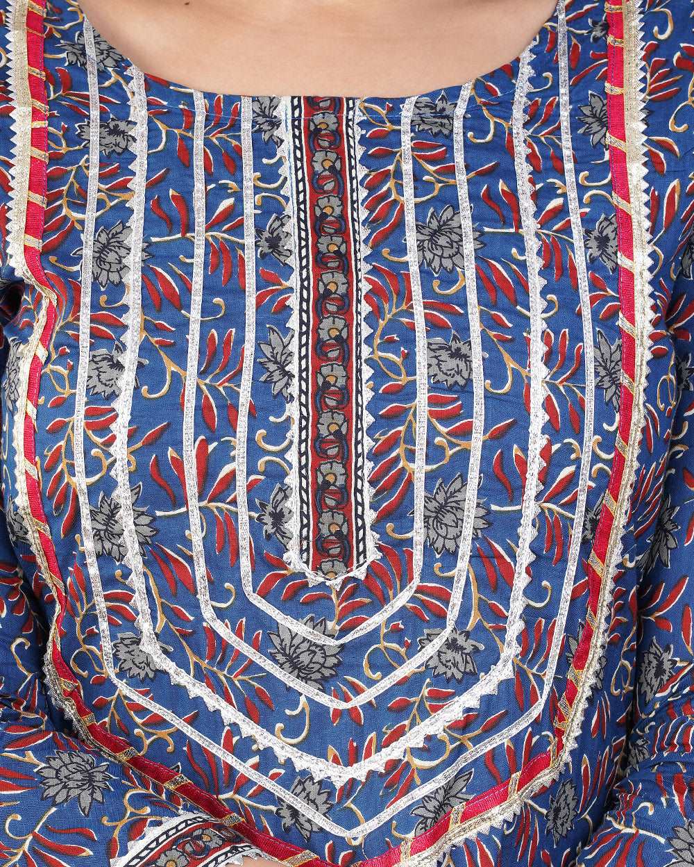 Blue Jaal Printed Cotton Suit Set With Gota Work On Neck and Dupatta