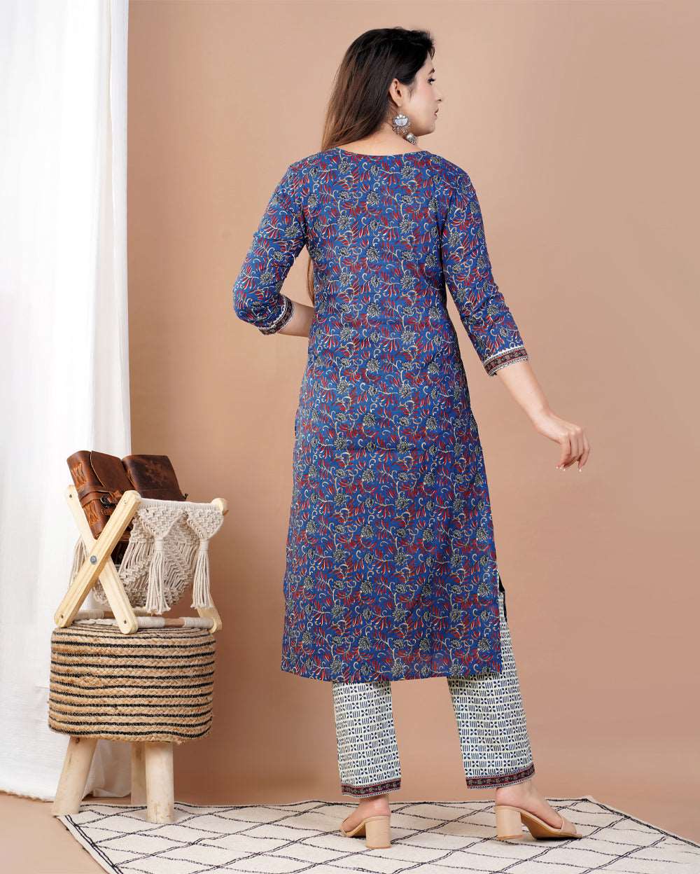 Blue Jaal Printed Cotton Suit Set With Gota Work On Neck and Dupatta