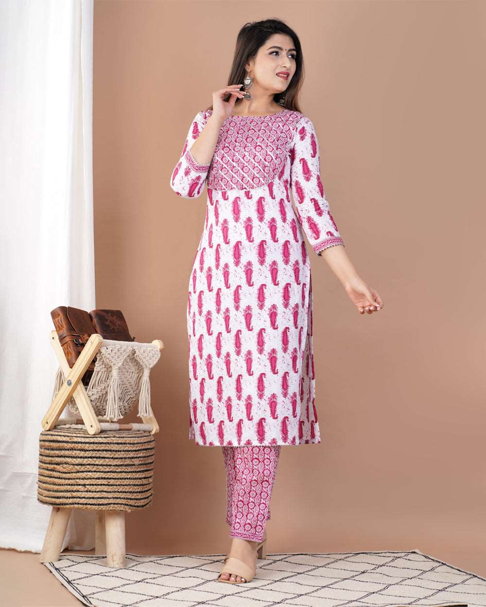 Pink Buti Printed Cotton Suit Set With Gota Work On Neck and Dupatta