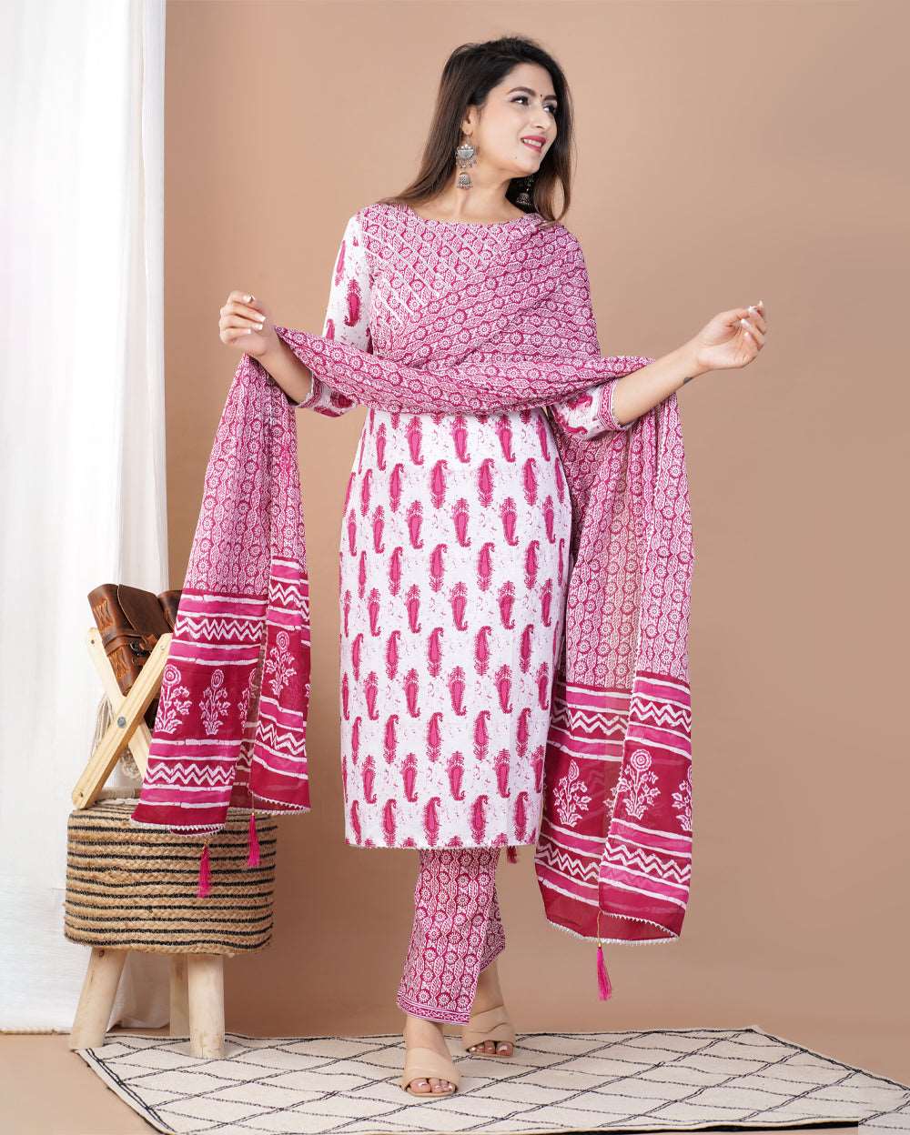 Pink Buti Printed Cotton Suit Set With Gota Work On Neck and Dupatta