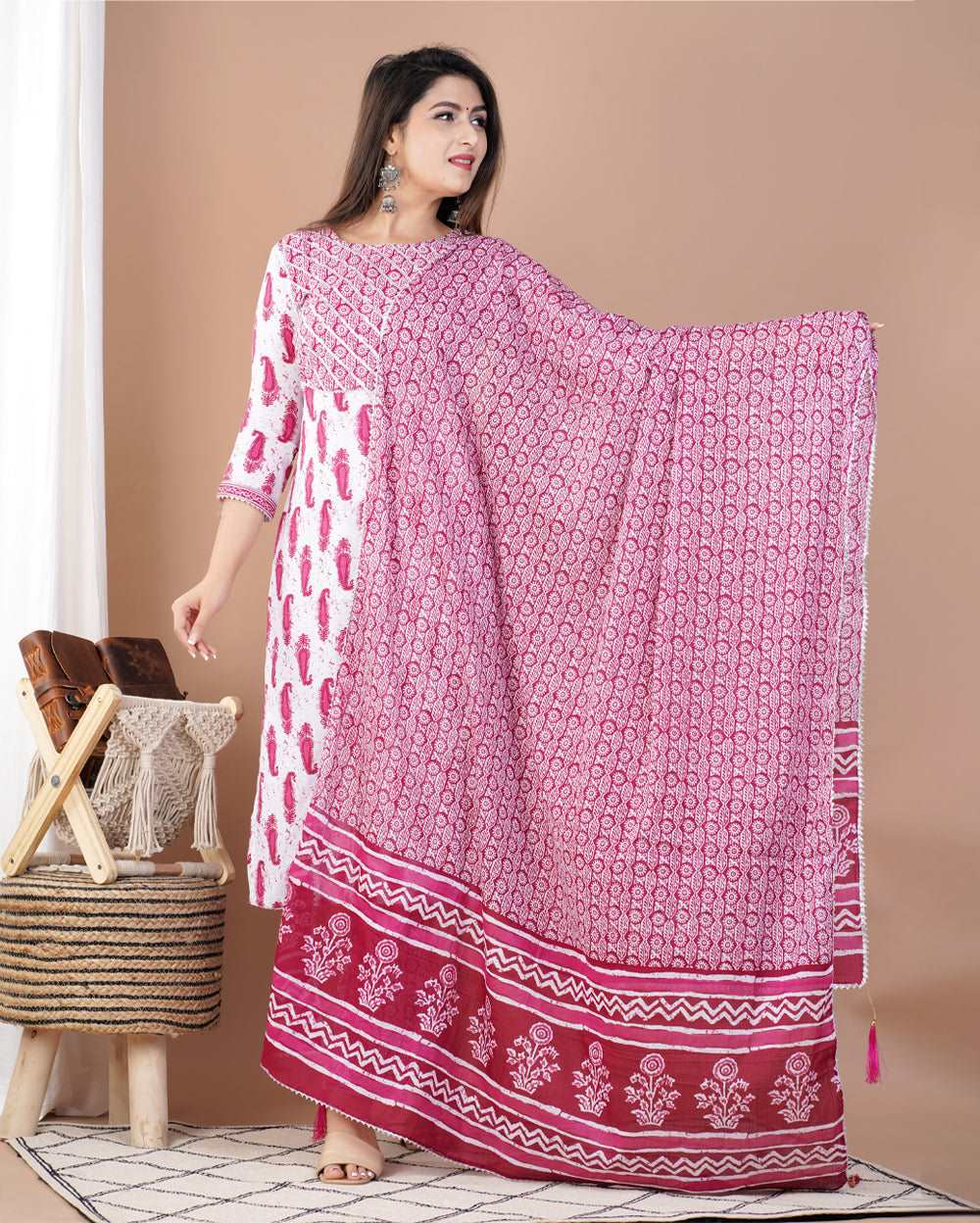 Pink Buti Printed Cotton Suit Set With Gota Work On Neck and Dupatta