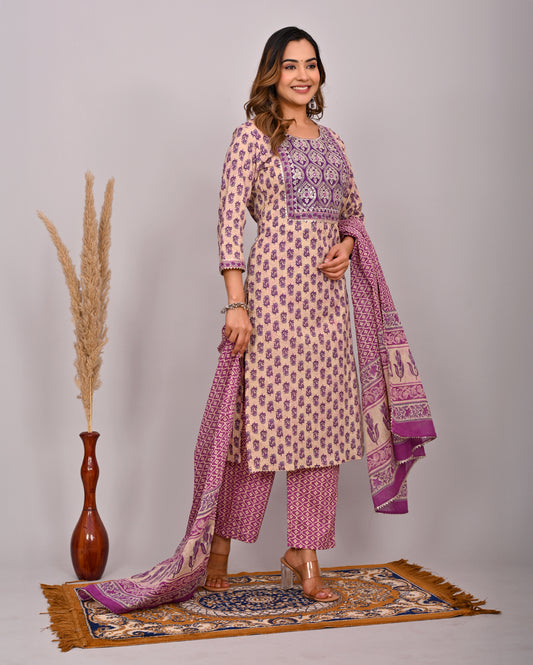 Embroidery Printed Cotton Suit Set With Dupatta