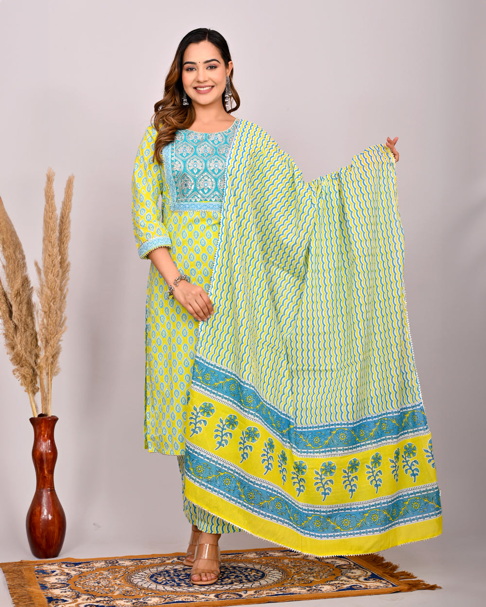 Embroidery Printed Cotton Suit Set With Dupatta