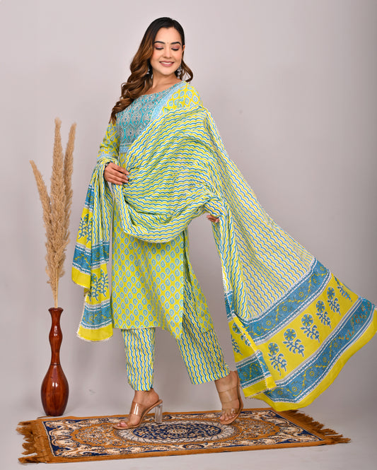 Embroidery Printed Cotton Suit Set With Dupatta