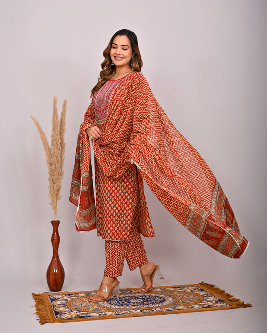 Embroidery Printed Cotton Suit Set With Dupatta