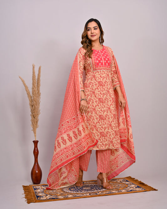 Embroidery Printed Cotton Suit Set With Dupatta