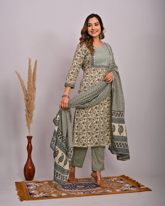 Embroidery Printed Cotton Suit Set With Dupatta