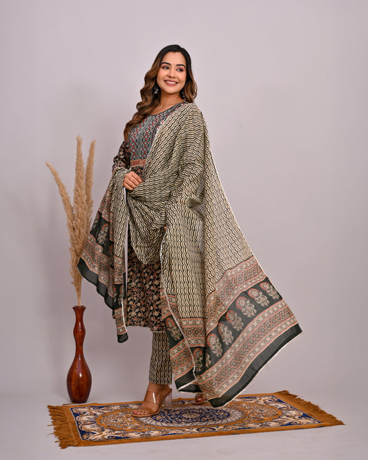 Embroidery Printed Cotton Suit Set With Dupatta